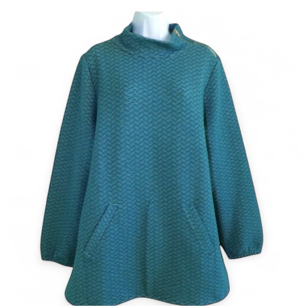 Soft Surroundings Teal Tunic Top Quilted Neck Zip Kangaroo pocket Size Medium
